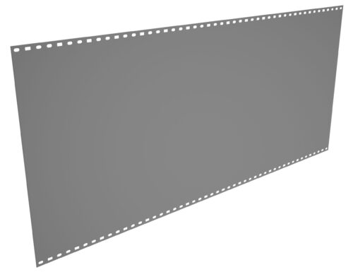 A blank, gray film strip with perforated edges is displayed diagonally against a white background.