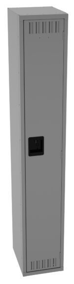 Tall gray metal locker with a black handle and a vented top and bottom door. The locker is closed and stands on a white background.
