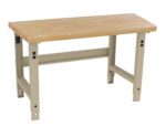 A sturdy wooden workbench with a light beige metal frame and a thick, polished wood top. The legs are adjustable, and the design is simple, making it suitable for workshops or garages.