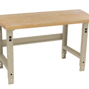 A sturdy wooden workbench with a light beige metal frame and a thick, polished wood top. The legs are adjustable, and the design is simple, making it suitable for workshops or garages.