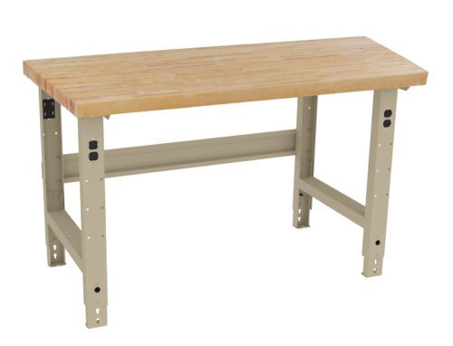 A sturdy wooden workbench with a light beige metal frame and a thick, polished wood top. The legs are adjustable, and the design is simple, making it suitable for workshops or garages.