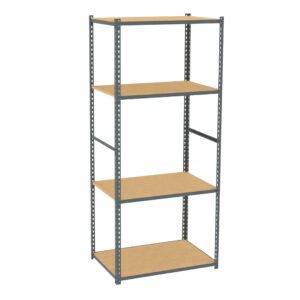 A tall metal shelving unit with four wooden shelves spaced evenly. The frame is gray, and the shelves are light brown. The unit is standing against a white background.