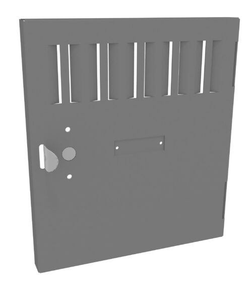 A 3D-rendered image of a rectangular, gray metal panel with horizontal slits at the top. It has a circular hole, a keyhole, and a rectangular indentation in the center.