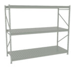 A large, gray, metal shelving unit with three horizontal, slatted shelves and a sturdy frame, suitable for industrial or garage storage. The unit is shown against a plain white background.