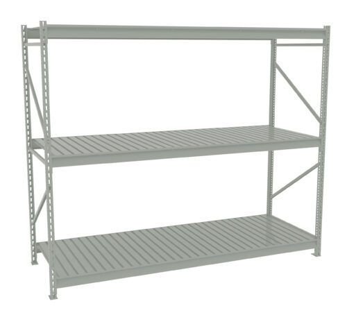 A large, gray, metal shelving unit with three horizontal, slatted shelves and a sturdy frame, suitable for industrial or garage storage. The unit is shown against a plain white background.