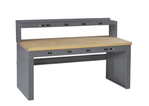 A sturdy gray workbench with a wooden tabletop. It features a raised shelf at the back and multiple integrated power outlets on both the main surface and the shelf. The design is functional and industrial.