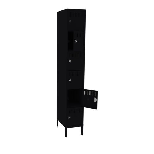 b001lprdjgzhputeqssp.jpg A tall, black metal locker with four compartments vertically aligned. Two compartments are open, showing interior space, while the others remain closed. The locker stands on four legs.