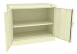 A beige metal cabinet with two open doors. The cabinet has a single shelf in the middle, dividing the interior into two equal sections. The surface is smooth and the cabinet is free-standing.