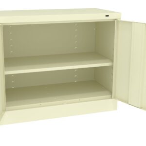 A beige metal cabinet with two open doors. The cabinet has a single shelf in the middle, dividing the interior into two equal sections. The surface is smooth and the cabinet is free-standing.