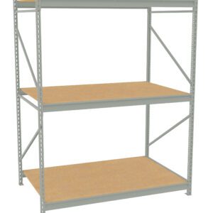 A metal shelving unit with three wooden shelves. The frame is gray with supportive beams on the sides and back, showing a simple and industrial design. The shelves are evenly spaced and empty, ideal for storage or display.