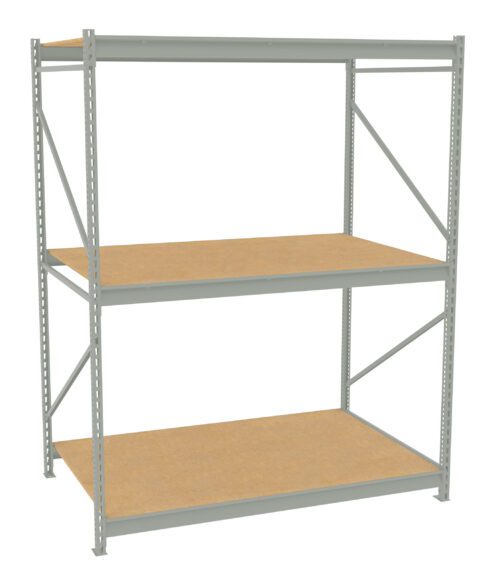 A metal shelving unit with three wooden shelves. The frame is gray with supportive beams on the sides and back, showing a simple and industrial design. The shelves are evenly spaced and empty, ideal for storage or display.