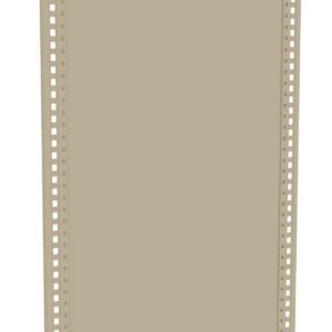 A beige metal panel is vertically positioned against a white background. It has perforated edges with evenly spaced holes along the sides, suggesting potential use for shelving or mounting purposes.