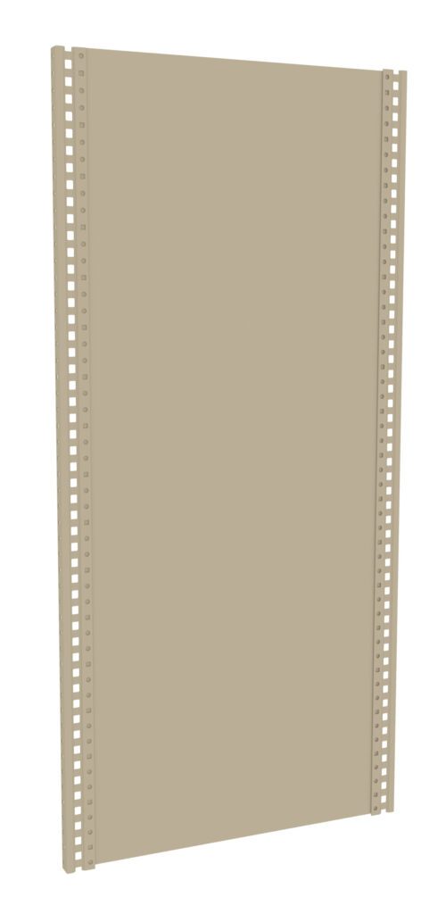 b0ugeijnlojkirxtedjk.jpg A beige metal panel is vertically positioned against a white background. It has perforated edges with evenly spaced holes along the sides, suggesting potential use for shelving or mounting purposes.