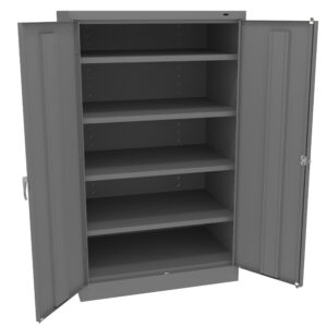 Open gray metal cabinet with two doors, revealing five empty shelves. The cabinet is positioned against a plain white background.