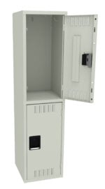 A metal locker with two compartments is shown. The top compartment is open, revealing an empty interior. The bottom compartment is closed. The locker is light gray in color and has ventilation slits on the doors.