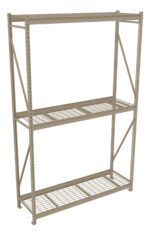 A metal shelving unit with two mesh wire shelves and an open top shelf. The structure has vertical support beams with diagonal braces for stability. The design is minimalistic and industrial, suitable for storage or organizational use.