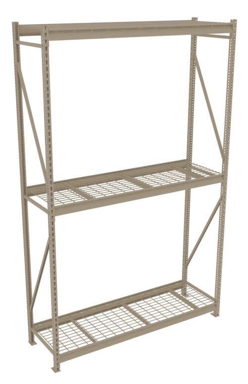 A metal shelving unit with two mesh wire shelves and an open top shelf. The structure has vertical support beams with diagonal braces for stability. The design is minimalistic and industrial, suitable for storage or organizational use.