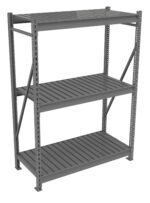 A gray metal shelving unit with three levels, featuring slatted shelves and a sturdy frame. The shelves are supported by vertical and diagonal beams, providing a robust structure.