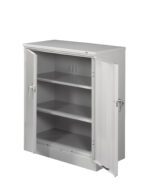 A gray metal storage cabinet with two open doors revealing three adjustable shelves. The cabinet features locking handles on both doors. The simple, industrial design is suitable for organizing and storing various items.