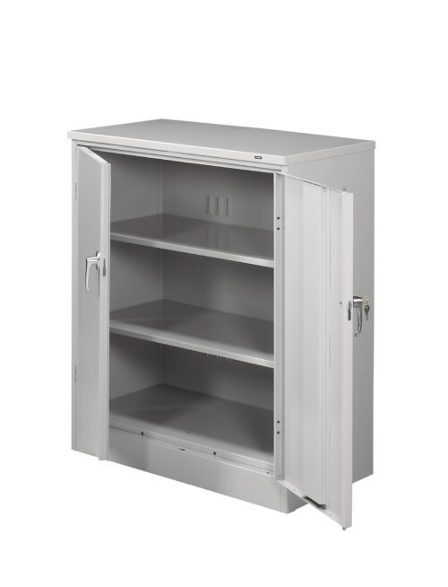 b1zmbmrmobdwlbo70ohy.jpg A gray metal storage cabinet with two open doors revealing three adjustable shelves. The cabinet features locking handles on both doors. The simple, industrial design is suitable for organizing and storing various items.
