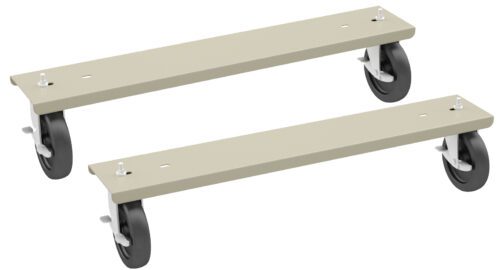 b22sh3zz3b1vkl5diotw.jpg Two beige metal brackets with black swivel caster wheels attached at each end. The setup appears designed for mobility, possibly for use with furniture or equipment. The wheels have locking mechanisms.