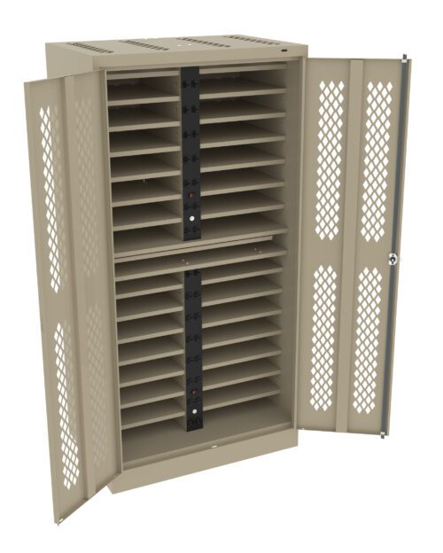 b2c41xzjyuovuwbf9n0k.jpg A beige metal storage cabinet with two open doors, revealing several horizontal slots for storing items. The doors and sides have a diamond-patterned ventilation design. A lock is visible on the right door.