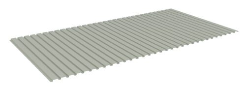 A rectangular corrugated metal sheet with evenly spaced ridges and a light gray color. The sheet is viewed from an angle, showing its textured surface and uniform structure.