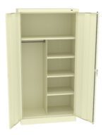 A beige metal storage cabinet with two doors open, revealing a design with a hanging rod on the left and five open shelves on the right, offering versatile storage options for various items.
