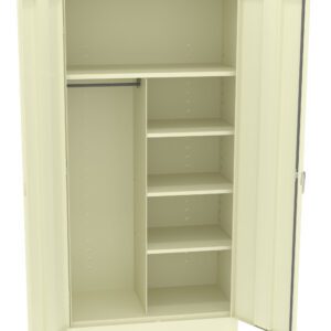 A beige metal storage cabinet with two doors open, revealing a design with a hanging rod on the left and five open shelves on the right, offering versatile storage options for various items.