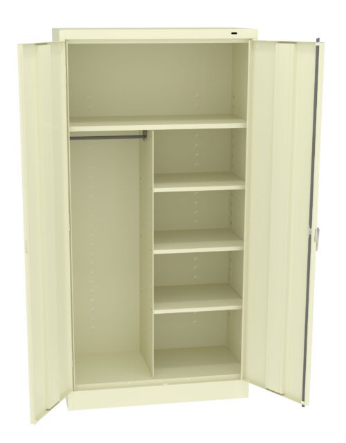 A beige metal storage cabinet with two doors open, revealing a design with a hanging rod on the left and five open shelves on the right, offering versatile storage options for various items.