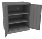 Metal storage cabinet with two open doors revealing three shelves. The cabinet is a neutral gray color and appears to be empty. The shelves and doors feature a sleek, utilitarian design.