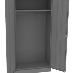 Open gray metal storage cabinet with two doors and a single interior shelf at the top.