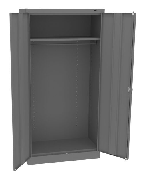 Open gray metal storage cabinet with two doors and a single interior shelf at the top.