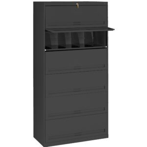 A tall, black filing cabinet with a lockable top compartment. The cabinet has multiple drawers, one of which is partially open, revealing several dividers for organizing files.
