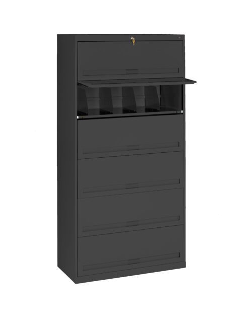 A tall, black filing cabinet with a lockable top compartment. The cabinet has multiple drawers, one of which is partially open, revealing several dividers for organizing files.