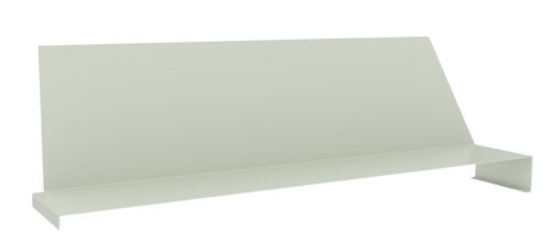 A minimalist, light gray, rectangular metal wall shelf with a back panel angled slightly forward. The shelf has a simple design, featuring a flat surface for storage and two short side ends for support.