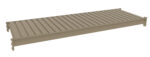 A beige, horizontal metal shelf with a ribbed surface and hooks on the sides for attachment.