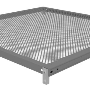 A square metal frame with a perforated surface, featuring numerous small round holes, supported by four corner brackets. The frame is angled slightly upward in the image, showcasing its construction.