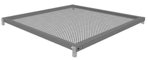 A square metal frame with a perforated surface, featuring numerous small round holes, supported by four corner brackets. The frame is angled slightly upward in the image, showcasing its construction.