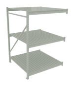 A metal shelving unit with three slatted shelves and a cross brace for support. The frame is light gray and the shelves are evenly spaced. The unit is empty and shown against a white background.