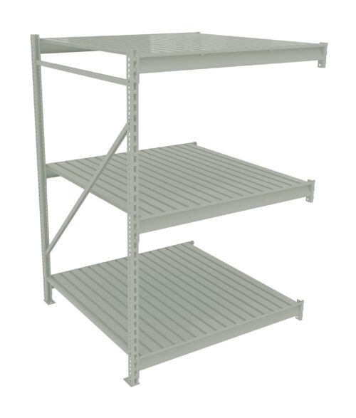 A metal shelving unit with three slatted shelves and a cross brace for support. The frame is light gray and the shelves are evenly spaced. The unit is empty and shown against a white background.