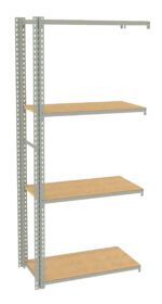 Metal shelving unit with four wooden shelves, featuring a light grey frame with perforated holes for adjustable height settings. The design is simple and functional, suitable for storage or organization in various settings.