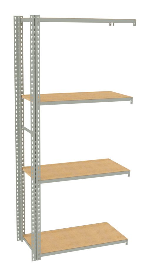 Metal shelving unit with four wooden shelves, featuring a light grey frame with perforated holes for adjustable height settings. The design is simple and functional, suitable for storage or organization in various settings.