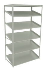A tall, free-standing metal shelving unit with five adjustable shelves. The shelves are evenly spaced and have a smooth, grey finish. The unit is viewed at an angle, highlighting its sturdy and open-frame design.