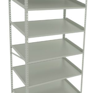 A tall, free-standing metal shelving unit with five adjustable shelves. The shelves are evenly spaced and have a smooth, grey finish. The unit is viewed at an angle, highlighting its sturdy and open-frame design.