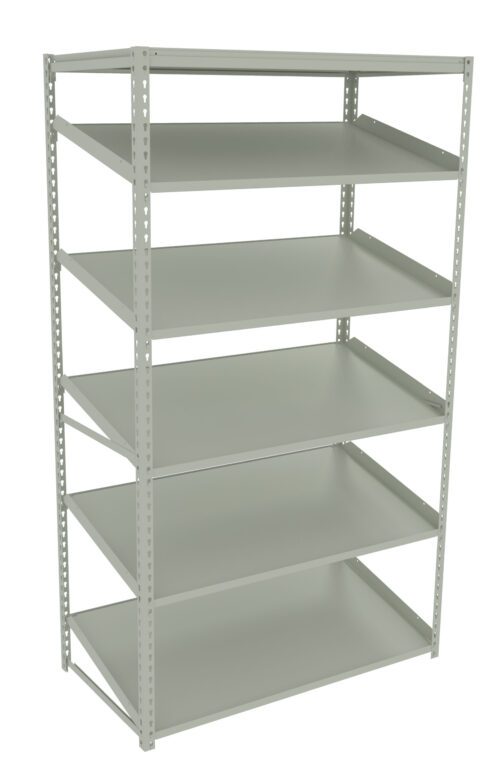 A tall, free-standing metal shelving unit with five adjustable shelves. The shelves are evenly spaced and have a smooth, grey finish. The unit is viewed at an angle, highlighting its sturdy and open-frame design.