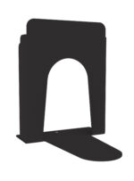 Black metal bookend with a semicircular cutout at the base and a vertical back support. The design is minimalist, with rounded top edges and a projecting bottom tab.