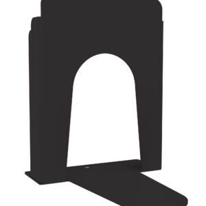 Black metal bookend with a semicircular cutout at the base and a vertical back support. The design is minimalist, with rounded top edges and a projecting bottom tab.