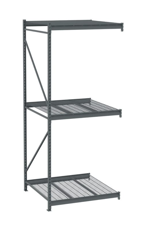 b4gmepqzu46ihtrifqyj.jpg Industrial metal shelving unit with three shelves. The top and middle shelves are solid, while the bottom shelf has a wire grid design. The frame is made of sturdy, dark gray metal.