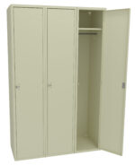 A beige metal locker unit with three compartments. The middle locker is open, showing an empty space with a clothing rod and a shelf inside. The other two lockers are closed.